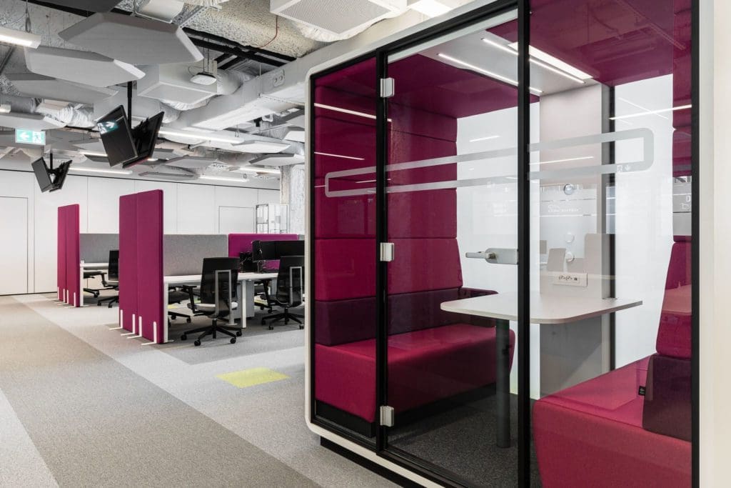 What are the sound levels in the office acoustic booths?